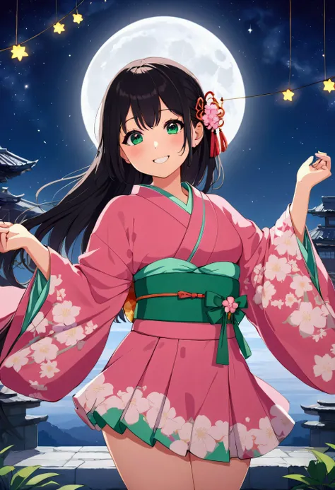 Best Quality,8k,Masterpiece:1.3, Japanese anime style,people々girl,1 person,1 personで,Petite,Glamorous Body,curve,cute,Grin,Beautiful long black hair, beautiful emerald green eyes , wear a kimono made of pink fabric,Dancing in the moonlight ,The background ...