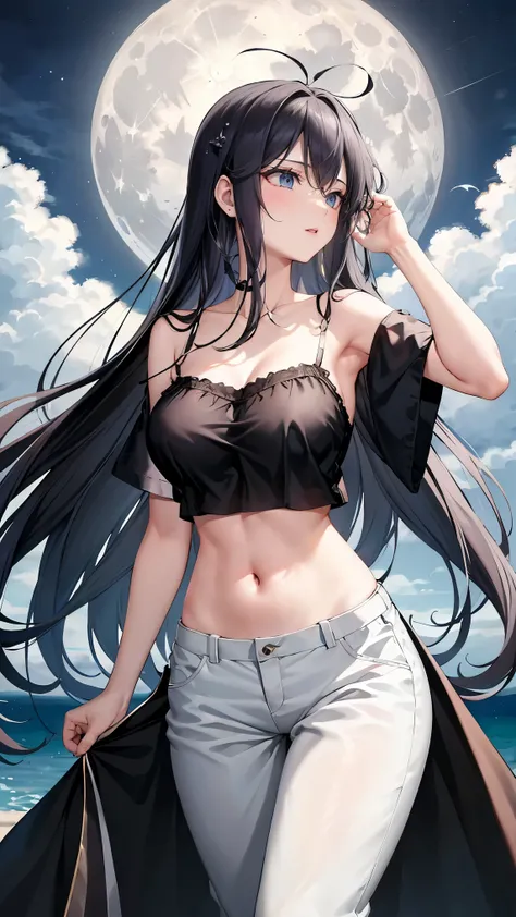Long black hair with moon-colored inner color、 tension as the inner color for long hair, Green Eyes, Moonlight、moonlight、、、, composition showing the whole body from head to toe、Chuckle、Older sister、Sexy Fashion、camisole、Belly button exposed、Tapered trouse...