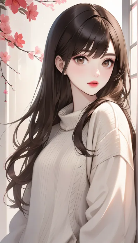 girl, long straight dark brown hair, brown eyes, sharp features, white skin, pink lips, perfect, sweater.