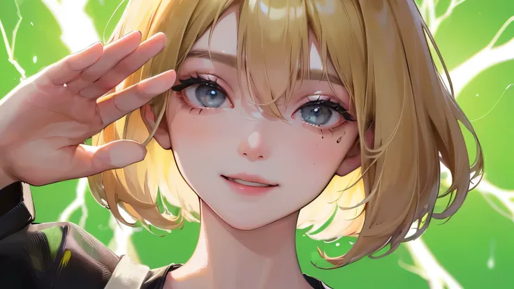 ((One Girl))),((((Right eye close-up)))、((green lightning background))),(((salute))),((( blonde bob short hair))),((())、((Eyes are pointing upwards)),Front view、,Masterpiece,best quality,,((Black Shirt))、((Smile))、determined expression, Full body diagram、 ...