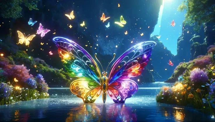  butterfly flapping its wings in the dark々Shine、Beautiful as a dream、It touches my heart..,butterfly々:Rainbow-colored:Seven Colors:Illumination:Shine,Dark Background,flash,Very flash,masterpiece,Masterpiece,Best Composition,Beautiful sight,Dreamy,Gently Sh...