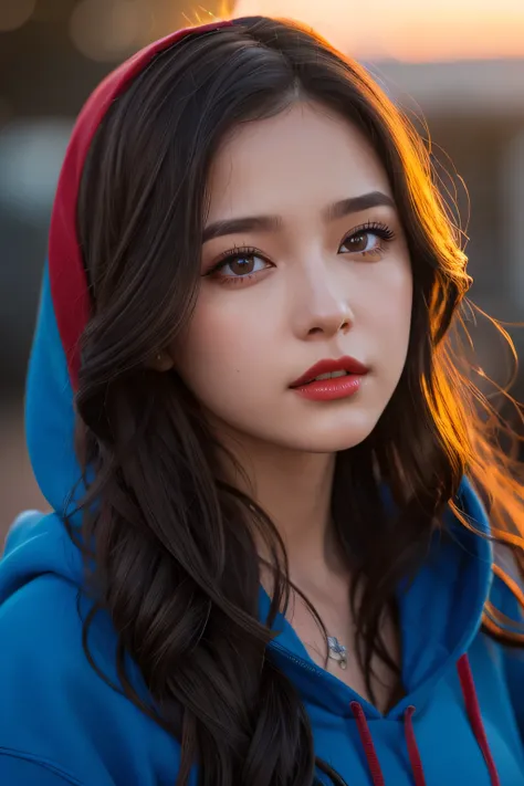 Best Quality, hyper realistic,Masterpiece, Ultra High Resolution, (Realism: 1.4), Original Photo close up, 1Girl,brown Eyes,red lip,wearing blue hoodie, Cinematic Lighting, black longwavy Hair, At Sunset