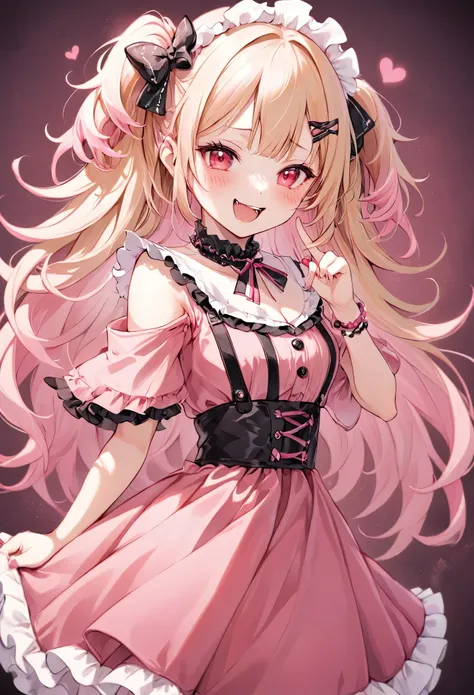 a blonde girl in a **jirai kei** fashion, with frills and lace decorating her black and pink dress,mesugaki, stands in a slightl...