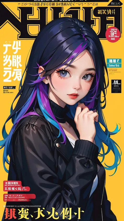 masterpiece, best quality, wearing a black jacket , Colorful hair, External, magazine cover ,Upper body,