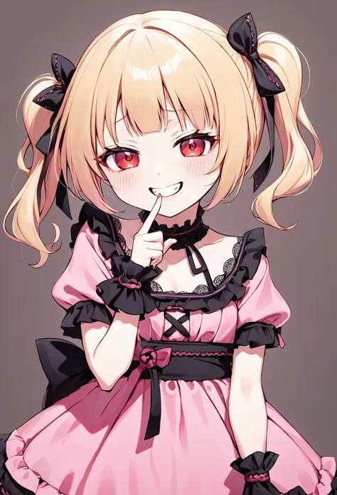 a blonde girl in a **jirai kei** fashion, with frills and lace decorating her black and pink dress,mesugaki, stands in a slightl...