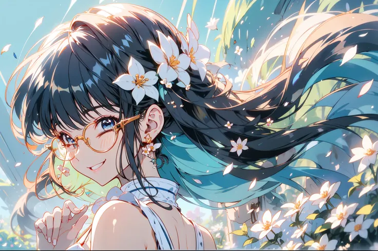 High precision, High details,, uhd, MASTER PIECE, long, blue hair, dropping eyes, glasses, happy smile, Closed eyes, blue sky, surrounded by many flowers, petals are dancing, beautiful cute girl, round eyes