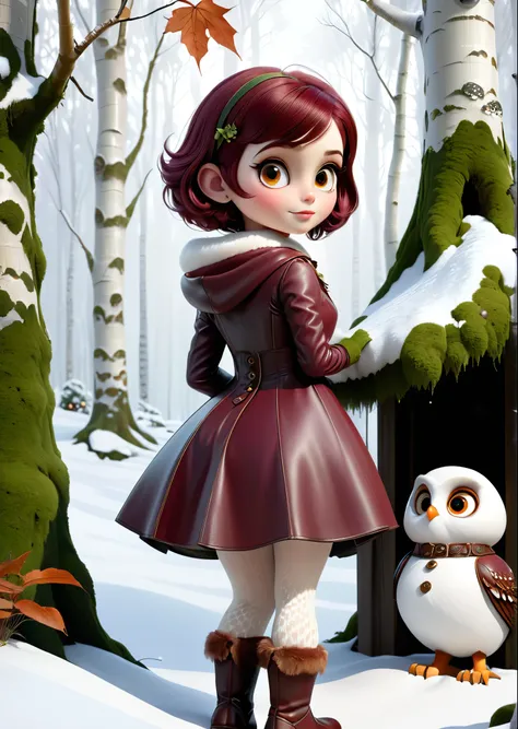  high quality 3d rendering of a female little character .  in front of a white-walled house with moss growing on the roof where dwarfs live .  that girl has maroon pixie short hair, Big round eyes, In a snowy garden、 make a big snowman in a snowy garden . ...