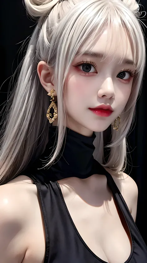 A white haired girl,  her hair bunned up, has gray eyes, wearing an elegant black dress, wearing golden earrings, close up, 