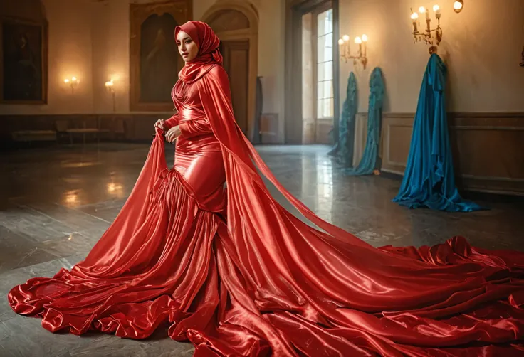 woman shrouded in a 10-meter-long, plush semi transparent red satin shimmer cloth, tightly bound and grandly draping along the f...