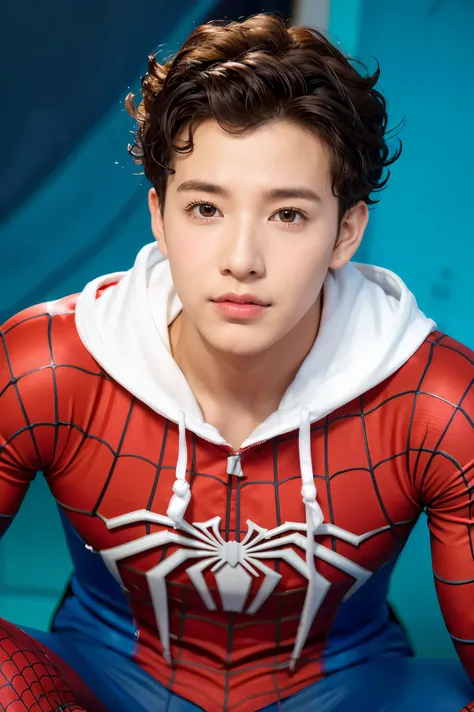 1 young guy with a little curly hair pierced in his ears, wearing a spiderman costume, handsome face, cool colored background