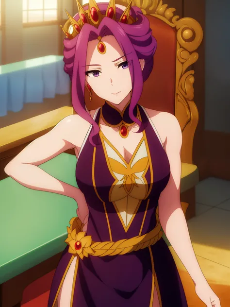 Armpit Show, sleeveless,Highestquality, masterpiece,(sunset:1.2),There is, Great Hall , red carpet on the floor ,
Stand up、Please dont move ,
Queen'dress,Long sleeve, gold crown with jewels ,clavicle, Deep Valley,
purple_hair, purple_eye, jewelry , E...
