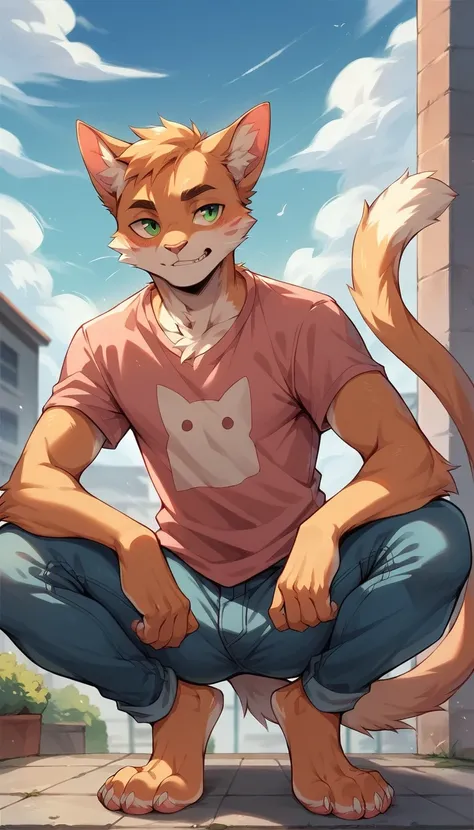 Orange male furry cat with light pink sleeveless t-shirt, jeans on the roof, squatting posture,  looking at the spectator, green eyes, salivating, clawed feet, lump in groin