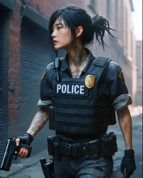 8k,  Photorealistic 、Realistic skin texture、Pore expression、 beautiful Japanese woman from the Los Angeles Police Department、 opening her mouth slightly 、Plainclothes Police、 walking with a SIG handgun 、Run while being alert 、Age 30、brave and brave 、Vetera...