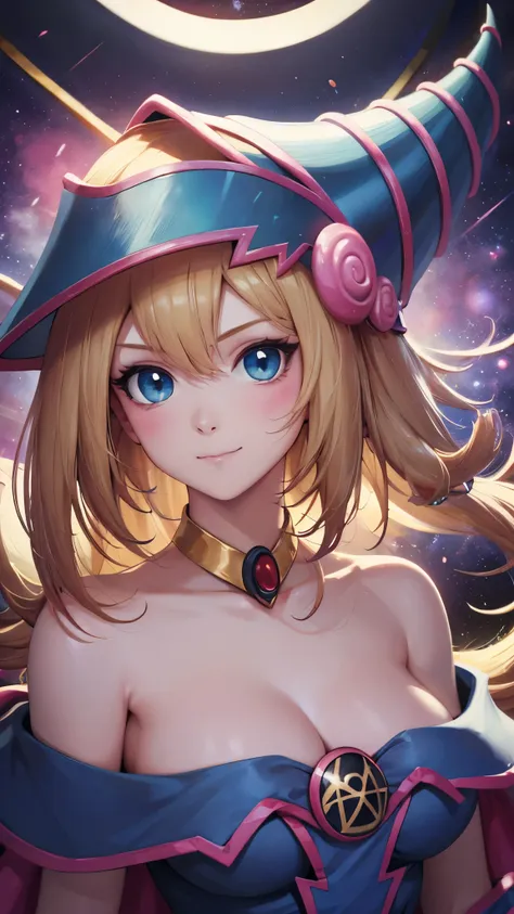 Hyperrealistic portrait of a young Dark Magician Girl with a mischievous expression. She wears only LINGERIE that highlights her figure, with ultra-white, glowing skin that looks almost ethereal. Her hair is extremely long, silky and smooth, of a vibrant s...