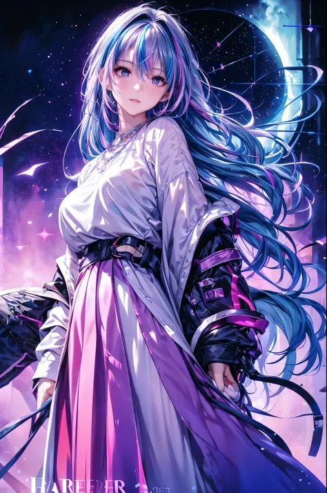 1 girl, 20 year old girl, one person, (Silver blue hair streaked pink purple:1.4), (Gradient sky blue hair ends:1.6), hair strand, absurdly long hair, single sidelock, wavy hair, shiny hair, floating hair, (Illusion deep purple eyes), delicate eyes, aqua e...