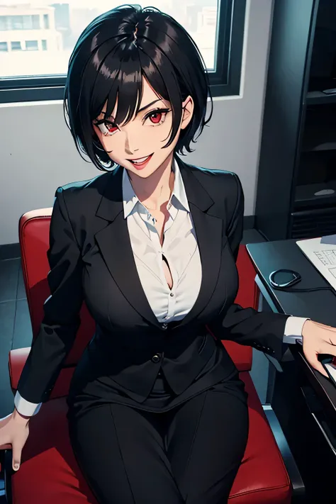 8K,best quality,solo woman,black short hair,red eyes,black business suits and dress shirts,sitting on chair,evil grin,tongue out.looking at viewer,large breast,office,fang