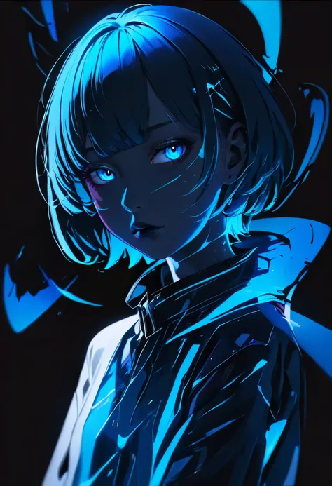 anime girl with blue hair and blue eyes in a black background, a character portrait by ilya kuvshinov, trending on pixiv, shin h...