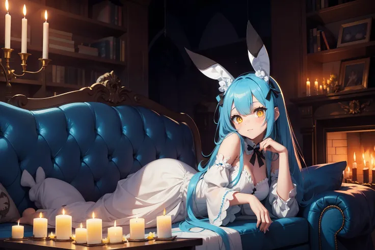 blue long hair bunny ear girl in white dress, yellow eyes, laying on sofa, feet playful, visible feet, living room with lit candles, halloween themed living room, pumkin, aesthetic living room, cute cartoon bats, one big sofa in middle, black cat, candies,...