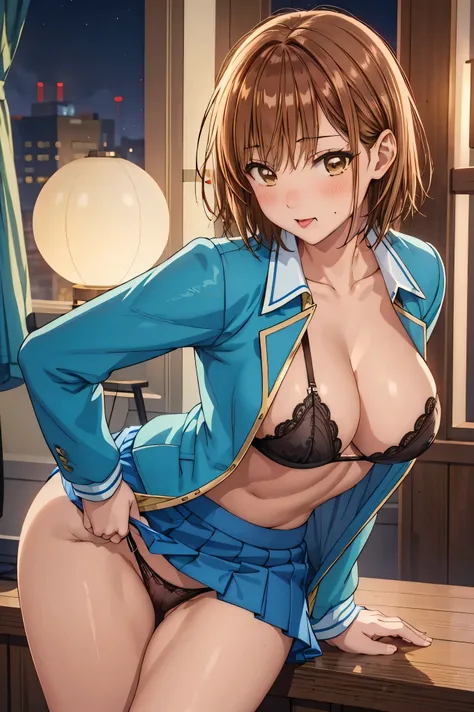 masterpiece, Best Quality, High resolution,16k,official art,super detailed skin,detailed,Kano Chinatsu,high school girl,(C cup beautiful breasts)、(tall:1.2),height: 170cm,Sexy long legs,Fashion model body type,gal,bangs,blue school jacket, Blue Skirt, Brow...