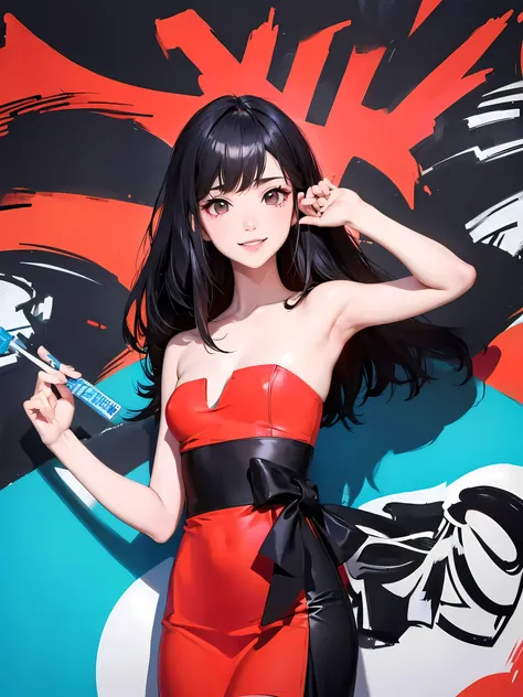 Flat Illustration artwork, ((Angelababy)) in a strapless dress standing in front of simple background, up close, wear dark sunglasses, korean pop-star, big smile, black hair, pretty hands, fringe, simple red background, palm trees, (graffiti wall:1.2), ((A...