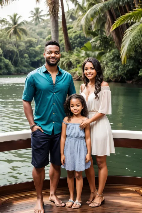 A family posing for a photo shoot on a luxury riverboat against the background of a dense forest and palm trees