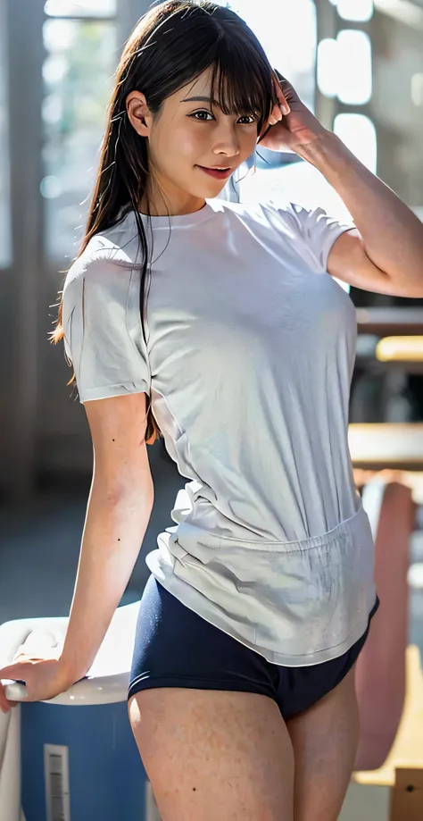 alone、high school girl、white skin、 natural makeup、 black hair 、bangs、 straight long hair、(((white short-sleeved t-shirt on the u...