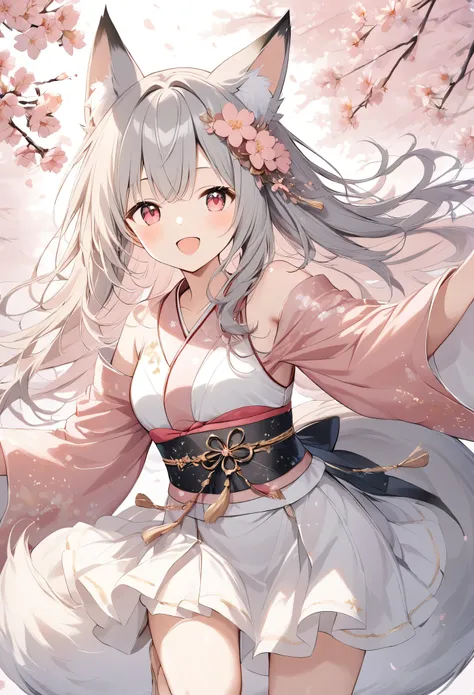 Light line drawing、Light color、White Fox Girl、Gray Hair、 Smooth Long Hair 、Fox Ears、 Foxs Fluffy Tail 、Ruby eyes、Slanted Eyes、cute、 White and Pink Luxurious Kimono、Fluttering Ornaments 、Under the cherry tree、Cherry Blossom Snowstorm、Beautiful work,Dance br...