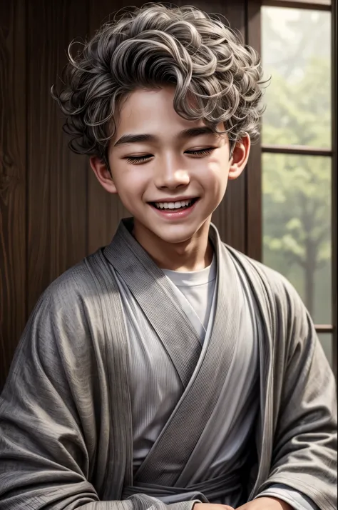 masterpiece, best quality, extremely detailed, hyperrealistic, photorealistic, a cute  10s boy, ultra detailed face:1.2, gray kimono, gray cardigan, curly hair, gray hair, laughing, eye closed