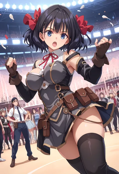 score_9, score_8_superior, score_7_superior, masterpiece, best quality, absurdres, high_fidelity, vibrant, sauce_anime, (rating_explicit:1.0), masterpiece, Highest quality, Adorable, TinoShade, medium hair, black hair, blue eyes, hair bow, red bow, white s...