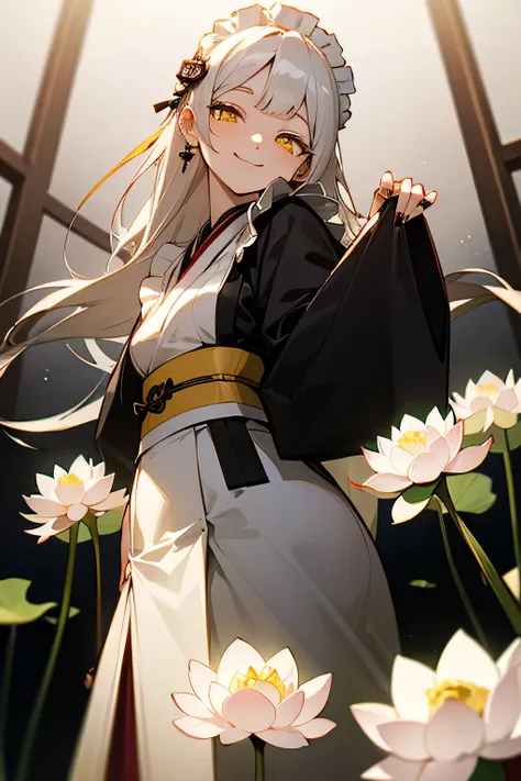 Long Hair、Black nails、Japanese style maid outfit、Cool girl、Black cross earrings、Smile and tilt your head、Image from below、Slit eyes、The background is a lotus flower、Yellow Eyes、Dull white hair、cute