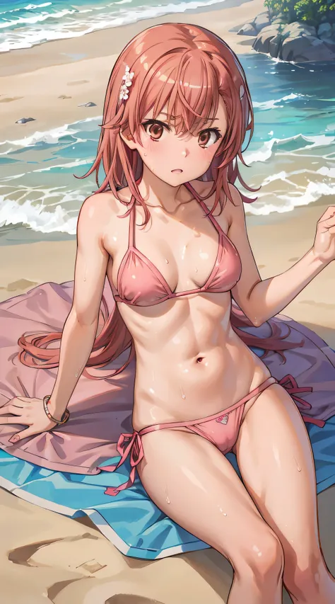 NSFW, highest quality, best image quality, 4k, {Misaka Mikoto}, {{pink bikini}}, slim body, wet, wet hair, a lot of sweat, beach