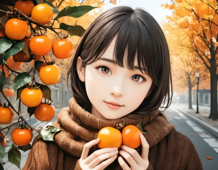 (best quality, 8k, high resolution:1.2), 1girl, persimmon, autumn, upper body