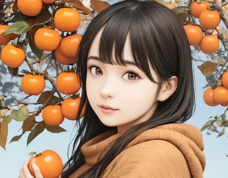 (best quality, 8k, high resolution:1.2), 1girl, persimmon, autumn, upper body