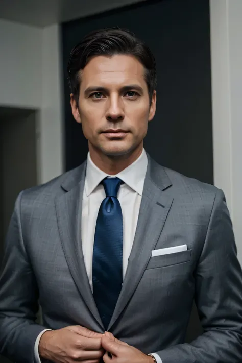 Hot 42 year old white man not exaggerated short black hair 1.80 tall wearing gray suit and blue tie