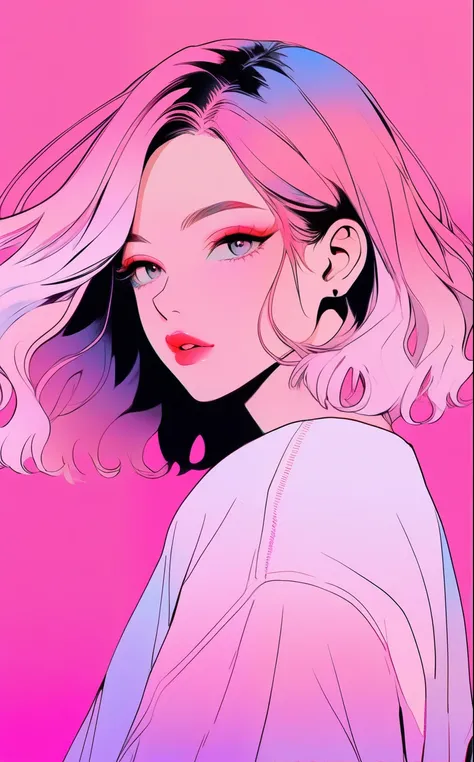 Illustrator, Anime , Realistic ,sketch , One Girl, ,lip, order, light pink gradient background, Neon Hair,Textured Crop, (masterpiece,Best Quality)