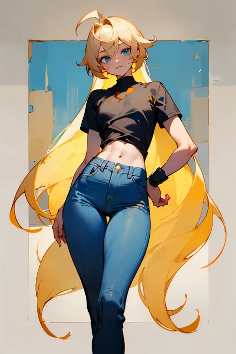 ((best quality)), ((masterpiece)), (detailed), A femboy. His chest is flat. He has medium length blonde hair and light blue eyes. He is wearing jeans and t-shirt. His face and body is feminine. He has wide hips. He has a slender figure. His body is fully c...