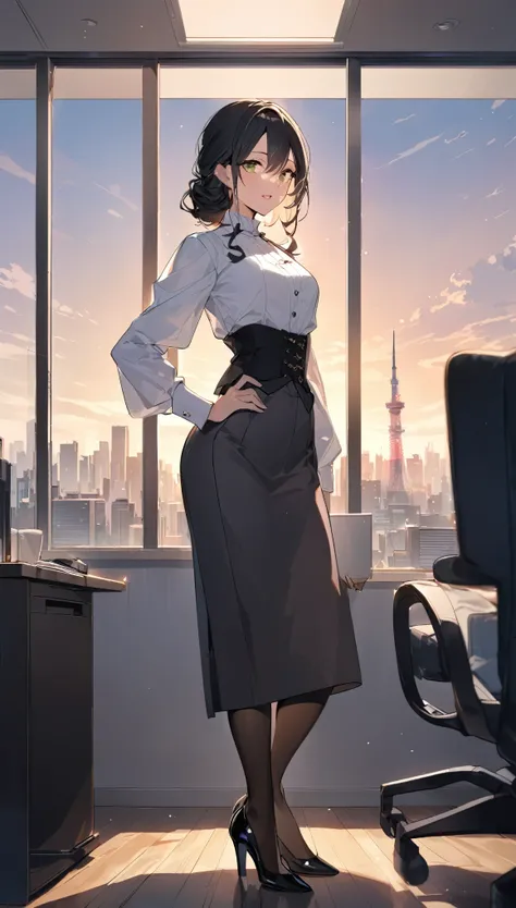 "office lady standing, height 163cm, business chic , victorian blouse, slender 63cm waist, full 93cm hips, shapely legs, clear fair skin (RGB: 255, 233, 209), oval face with soft features, almond-shaped eyes (light green) with double eyelids, straight nose...