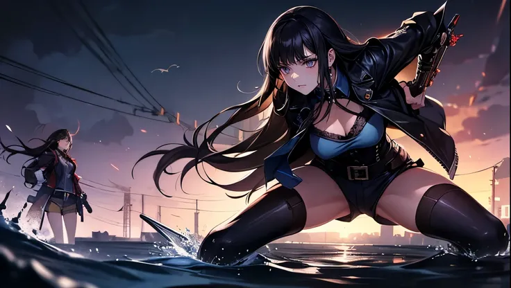 Battle between beautiful girls, Worn casual jacket, Long Hair, Mechanical arm in cyberpunk night scene,  cyberpunk dark background　 hotpants　 current from the machines arm　splashing currents 　 stylish action　Angry expression　dark night ruins background 　at...