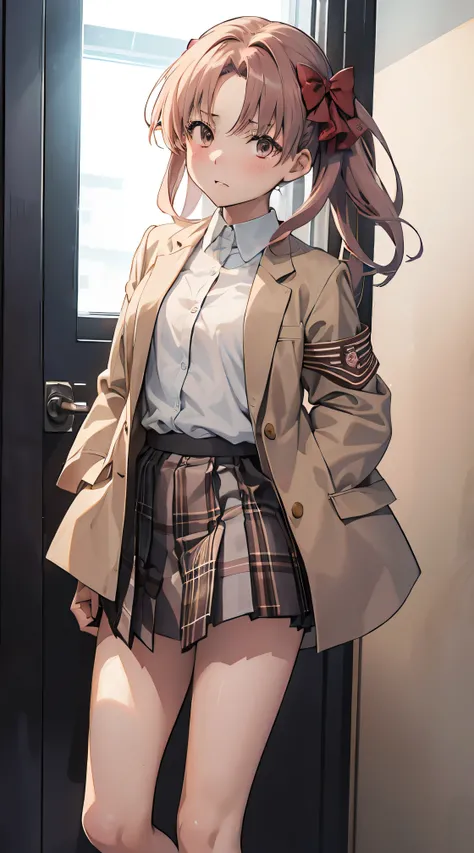 NSFW, highest quality, best image quality, 4k, {Shirai Kuroko}, white shirt, beige jacket, brown pleated plaid skirt, undressing, {taking off her skirt}}, {{pink bow panties}}, small breasts, standing, {full body}, beautiful legs, bow panties, dress room