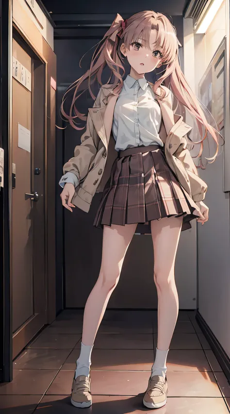 NSFW, highest quality, best image quality, 4k, {Shirai Kuroko}, white shirt, beige jacket, brown pleated plaid skirt, undressing, {taking off her skirt}}, {{pink bow panties}}, small breasts, standing, {full body}, beautiful legs, bow panties, dress room