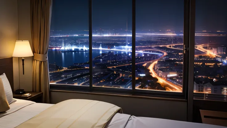 Hotel room with a night view、dim、Seaside cityscape spread out through the window、Pale light up