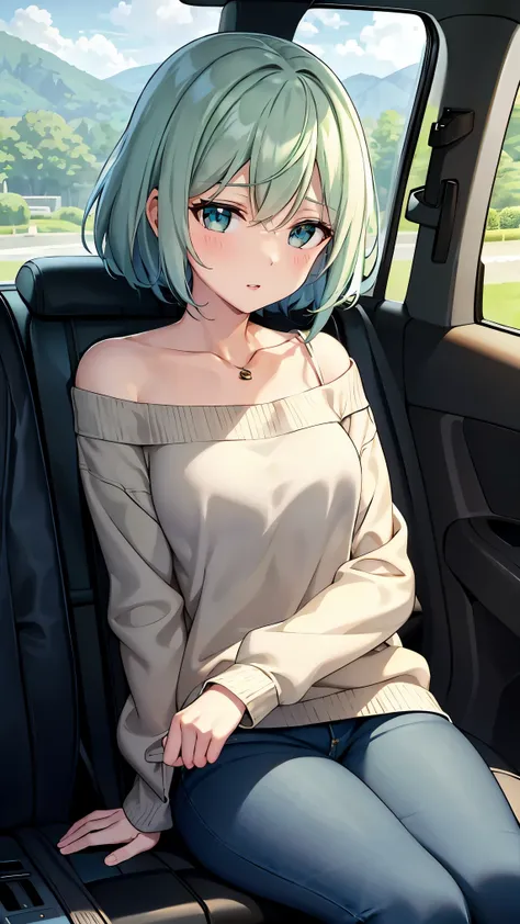 shoulder-length green hair, Small size breasts, Small breasts、Green Eyes, 、(((Ladylike))), full body from head to toe 、Jeans、 and slightly longer sleeves to fit in the palm of your hand、Feminine clothing、、Chuckle、((Inside the carの助手席))、Drive Date、A great ...