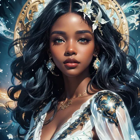  a large shot of a dark-skinned black woman, Eyes and white hair, In the style of Bowater art, belo fantasy art portrait, Karol behind uhd, no Charlie Bowater style, stunning digital illustration, stunning digital painting, beautiful digital artwork, style...