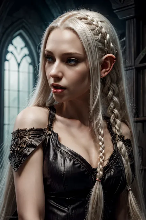 refined,  an erotic woman with long white hair in one braid, small pointed ears, pale skin, fantasy art, character art , detailed character art, opened her mouth and stuck out her tongue, licks his fingers