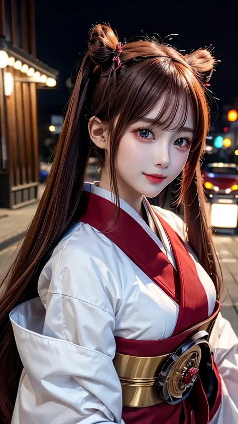 Ultra HD3DCGコンセプトアート. The fusion of civilizational enlightenment between steampunk and Taisho romance 、 of one redhead A mechanized girl with twin tails wears a mechanical hakama and poses in the city at night、 Detailed beautiful red eyes and lips 、Detaile...