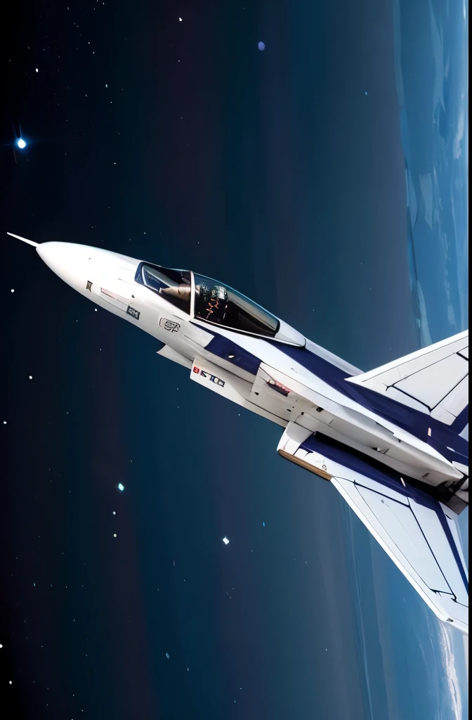 A triangular space fighter flies very fast in space. This is white.