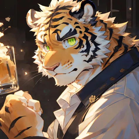 masterpiece，high quality，perfect anatomy，furry，anthro tiger，white fur，male， niji5，green pupils，bright eyes，wearing a shirt，detailed face，by kiyosan，close up face