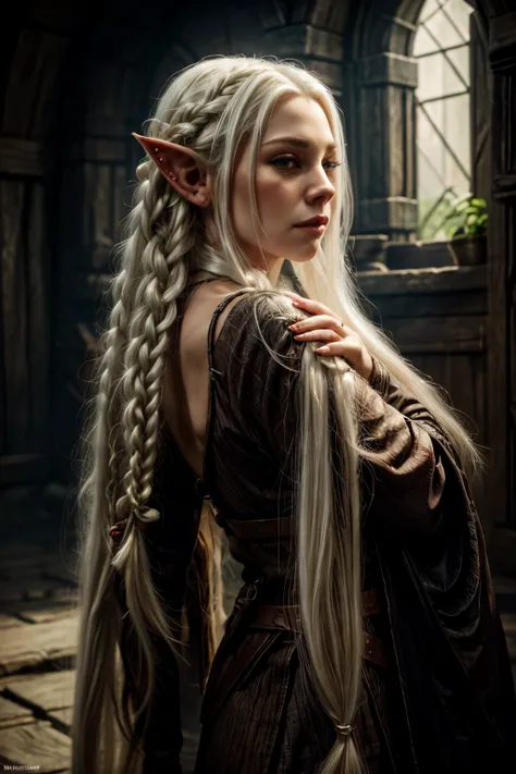 refined,  an erotic woman with long white hair in one braid, small pointed ears, pale skin, fantasy art, character art , detailed character art, kisses passionately with an orc