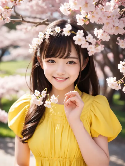 Best Quality　masterpiece　detailed　 A super cute girl is smiling and there are lots of cherry blossoms scattered　 Yellow Dress　Petals are scattered 　Photo style　 fantastic　 Dramatic Effects 　 Fantasy 