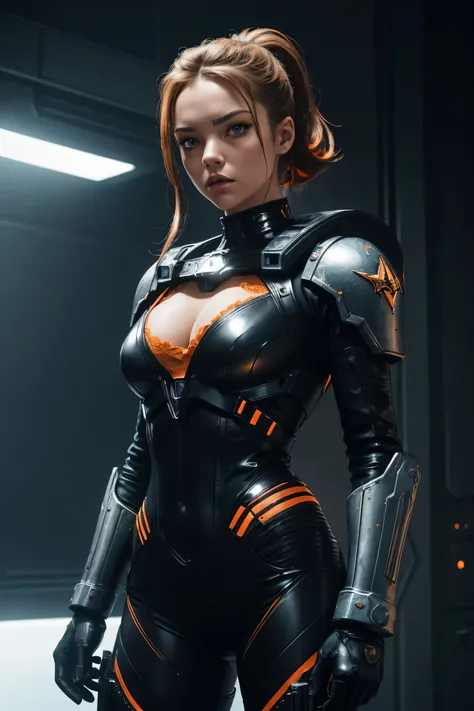 Sydney Sweeney. bag guy character, evil, badass, High Detail, Ultra Detail, 8K, Ultra High Resolution. one cute girls, 16yo, brown short hair,  high ponytail, blue eyes, robotic augmentations, tattoos. military uniform,  space marine, heavy metallic armour...